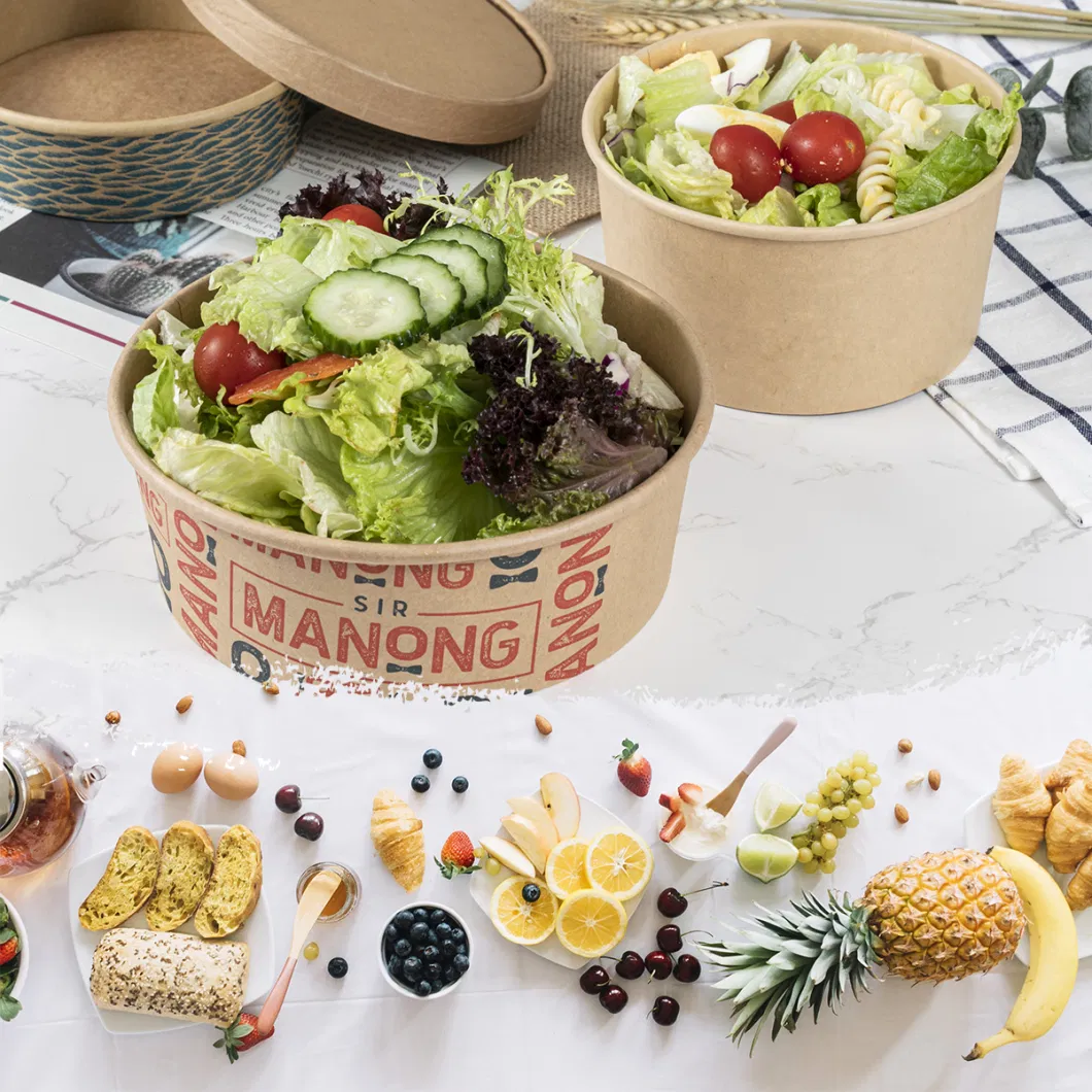 Kraft Paper Sushi Salad Bowl with Pet Plastic Cover for Takeout Box Fast Food Restaurants