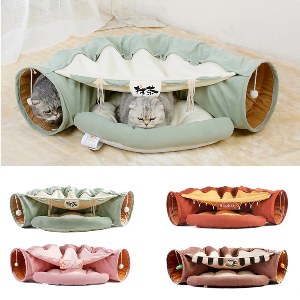 2-in-1 Cat Tunnel Bed, Foldable Soft Cat Tunnel Tubes Toys, Pet Play Bed with Removable Washable Mat
