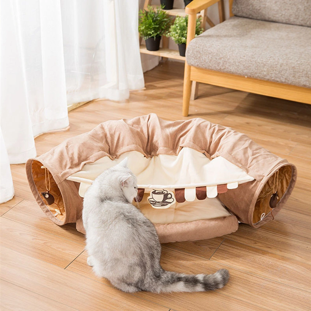 2-in-1 Cat Tunnel Bed, Foldable Soft Cat Tunnel Tubes Toys, Pet Play Bed with Removable Washable Mat