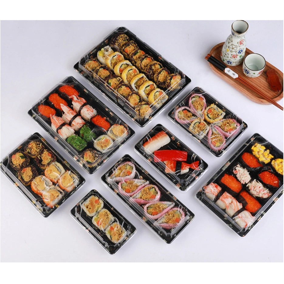 Good Quality Disposable Pet Materials Takeaway to Go Food Packaging Black Printing Japanese Plastic Sushi Boat