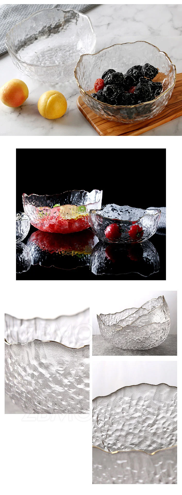 Glass Bowl by Serving Bowl Set with Golden Rim in Organic Shape Salad Bowl Set of 3 Sizes Salad Snacks Popcorn Candies