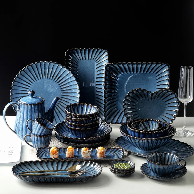Blue Ceramic Dinnerware Sea Food Serving Plate Crockery Porcelain Stoneware Dish Plates Sets Dinnerware