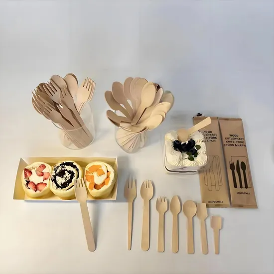Rohs  Certificate Available Customized Logo Printing and Size Environmental Protect Disposable Wooden Knife Fork and Spoon Wooden Cutlery 